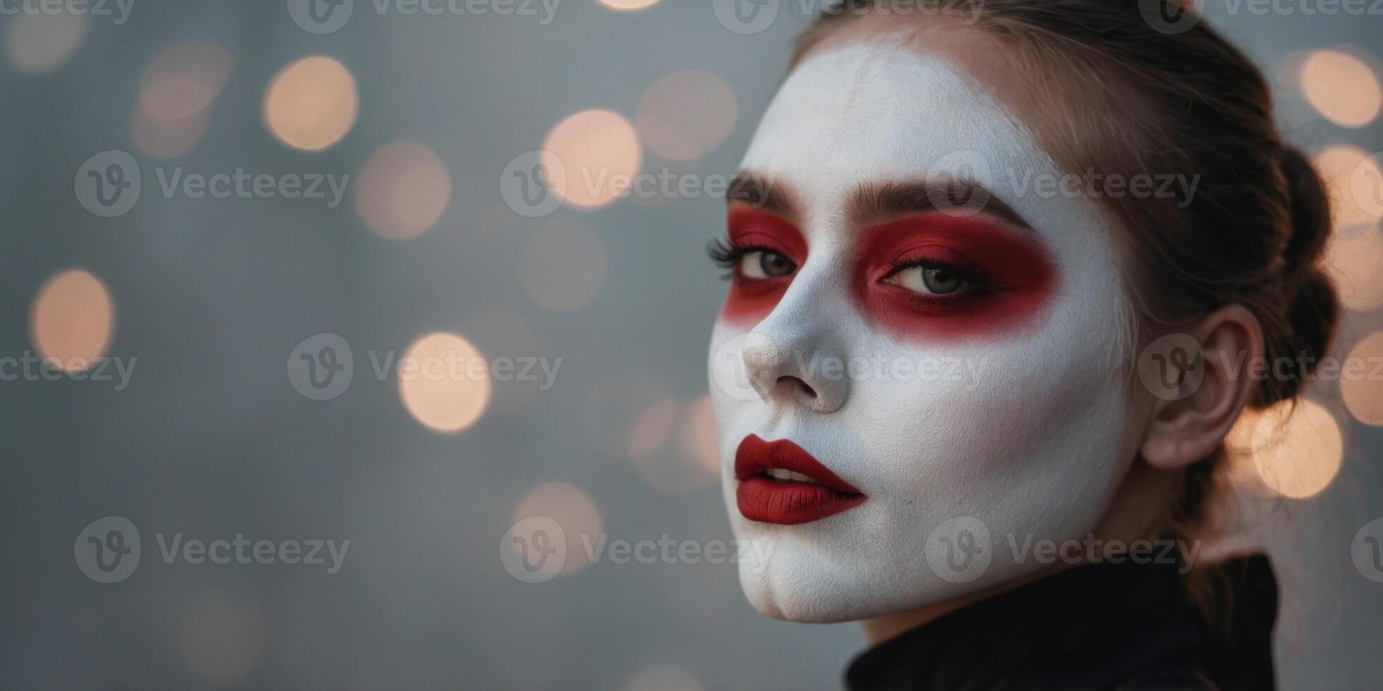 A girl with a white face and red and black makeup. photo