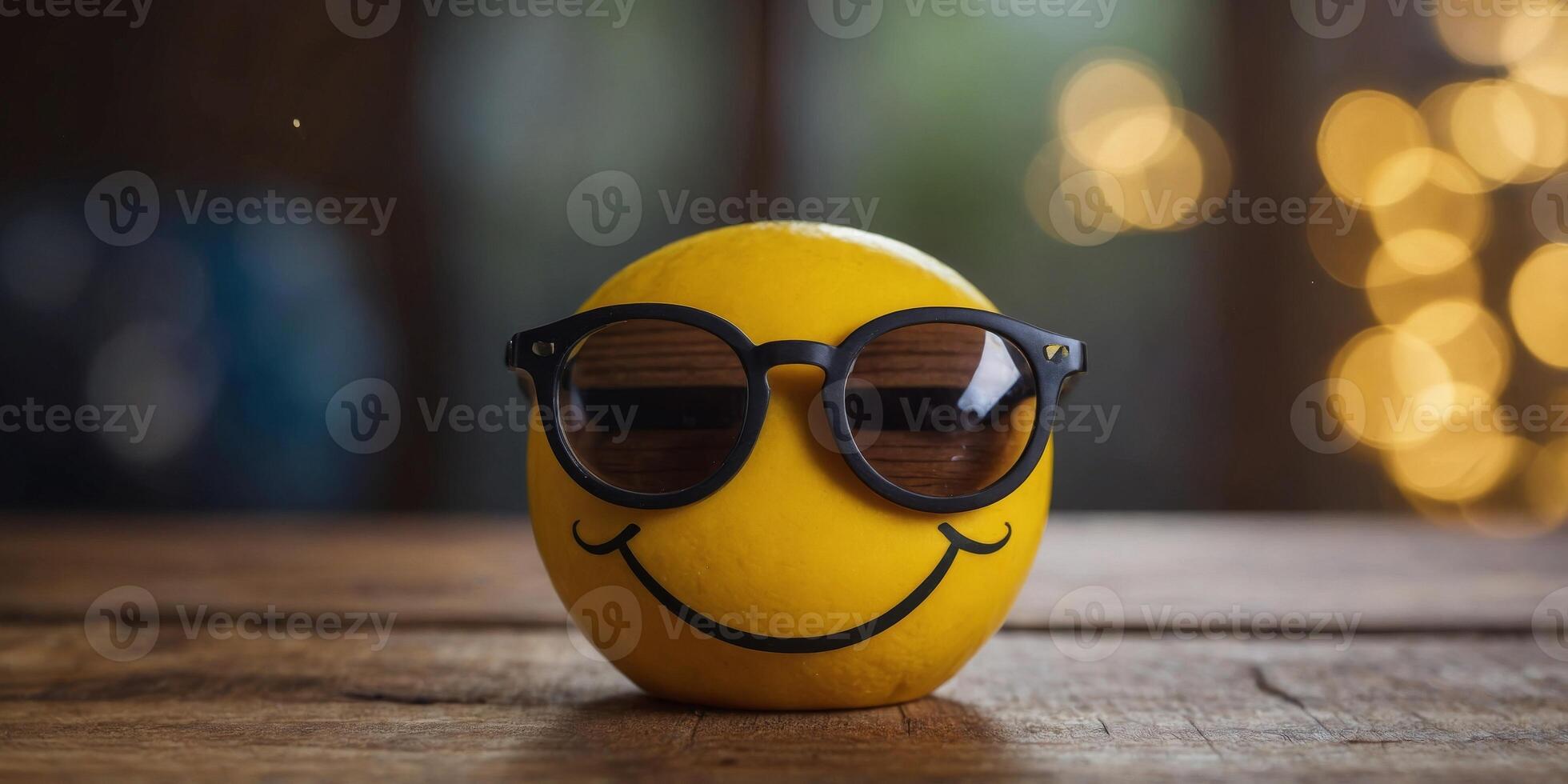 A yellow smiley face with glasses on a wooden table. photo