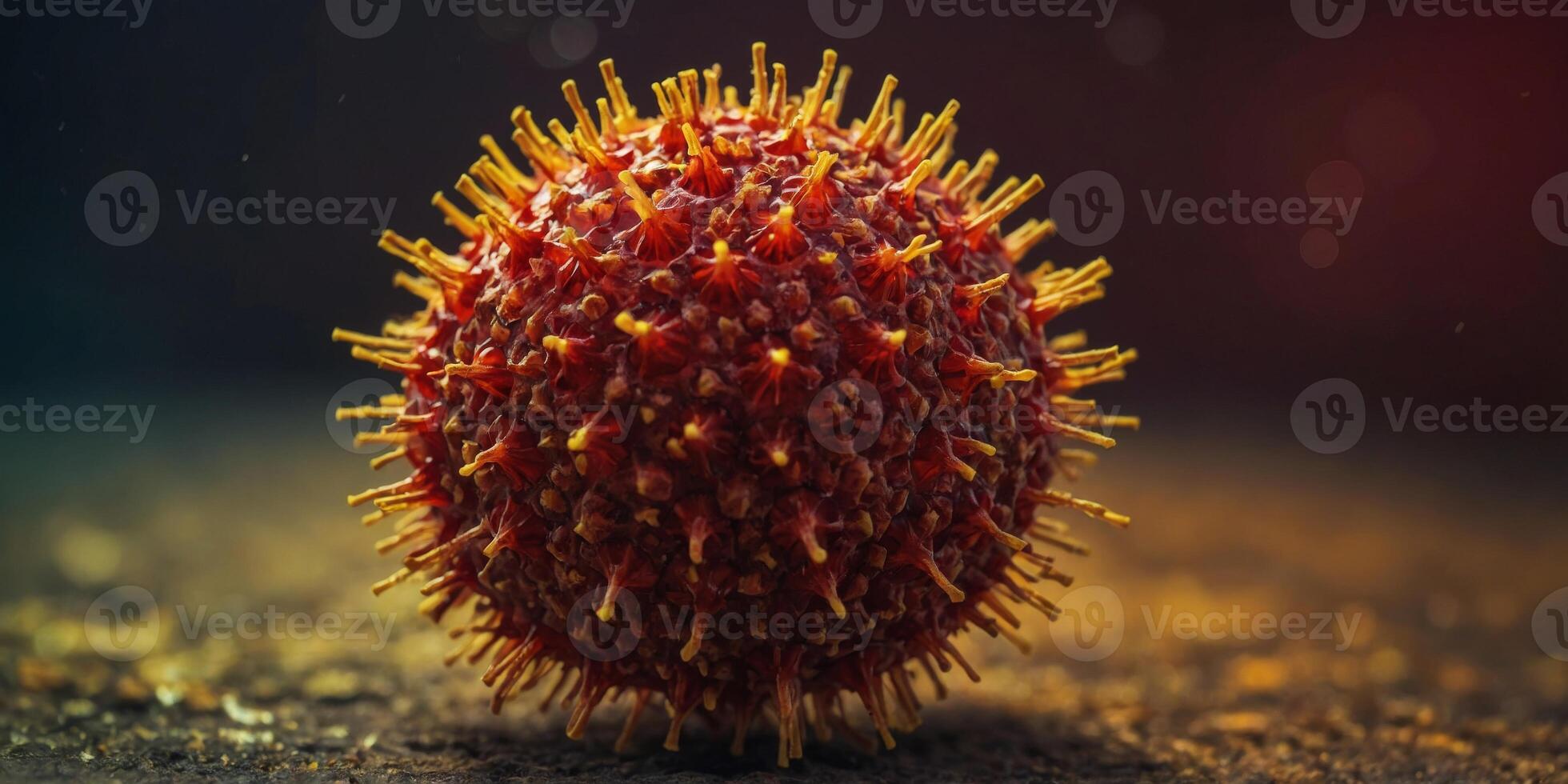 A close up of a red and yellow virus with a blurry background. photo