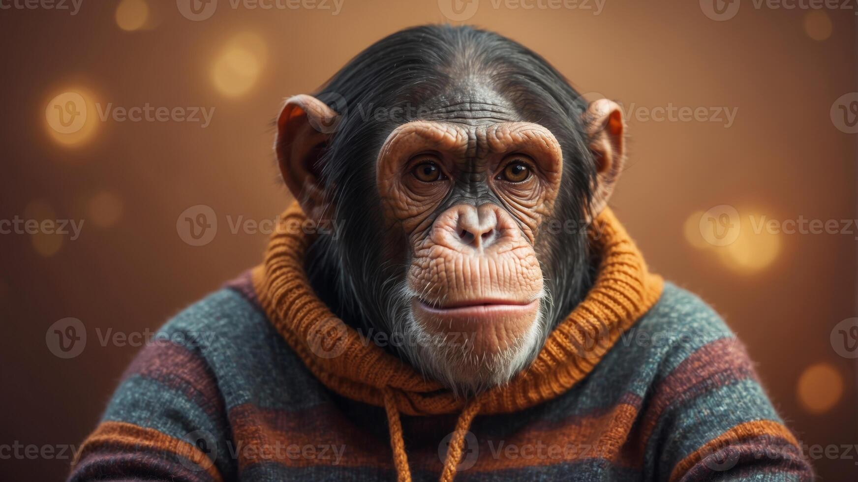 Expressive Chimpanzee in Sweater on Warm Brown Background. photo