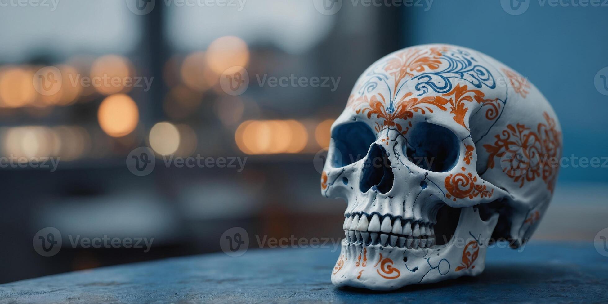 A white skull with orange and blue designs sits on a blue table. photo