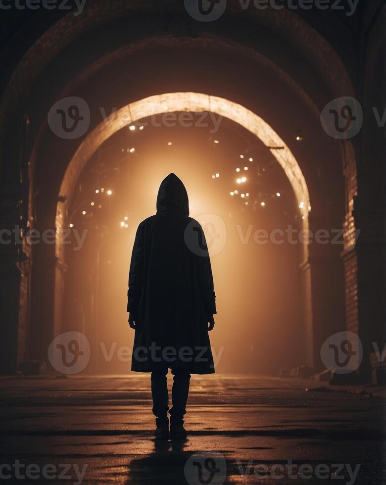 Mysterious Hooded Figure Silhouette with Dramatic Lighting and Glowing Orbs in Background. photo