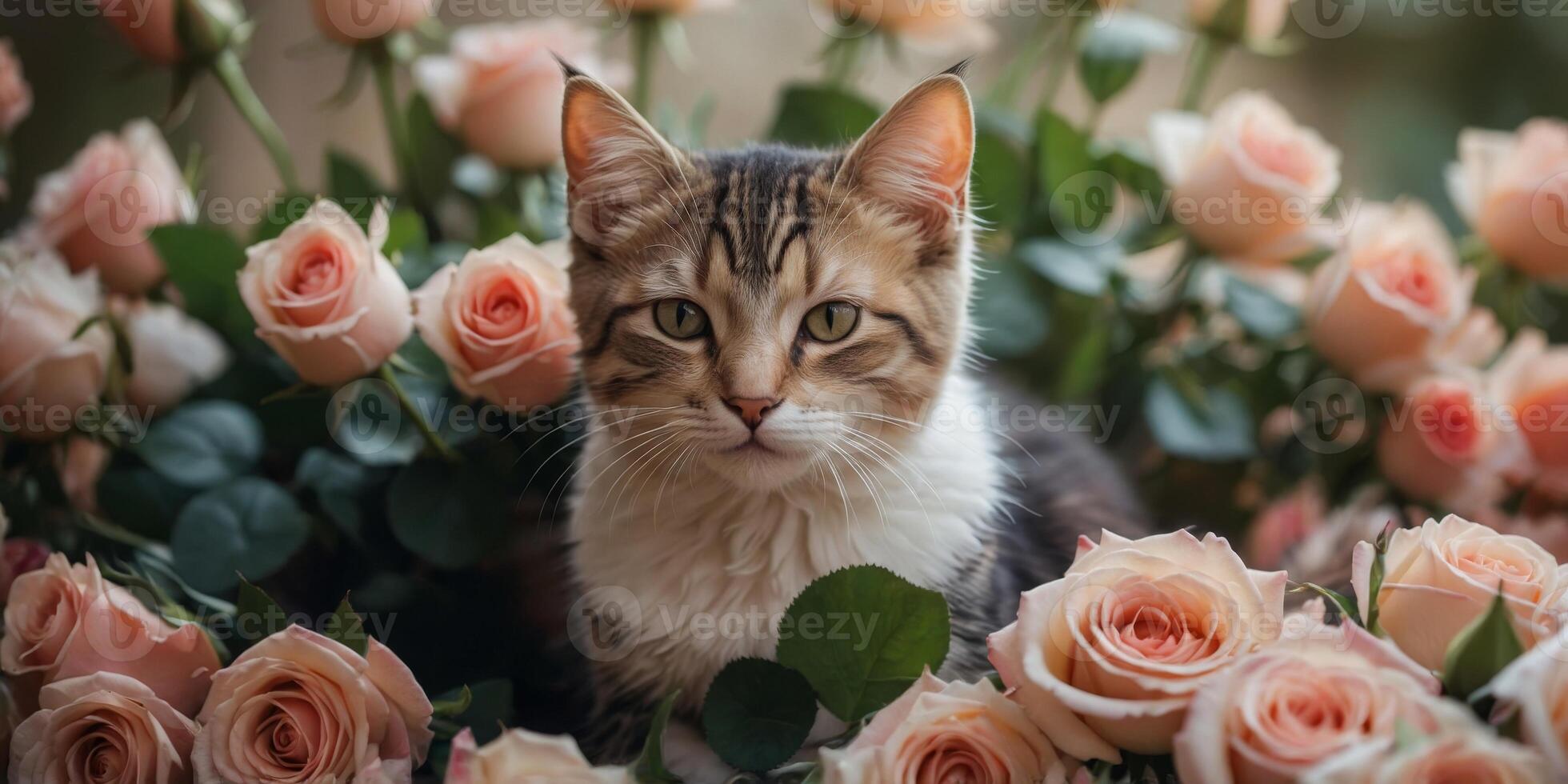 Adorable kitty under the bouquet of roses. photo