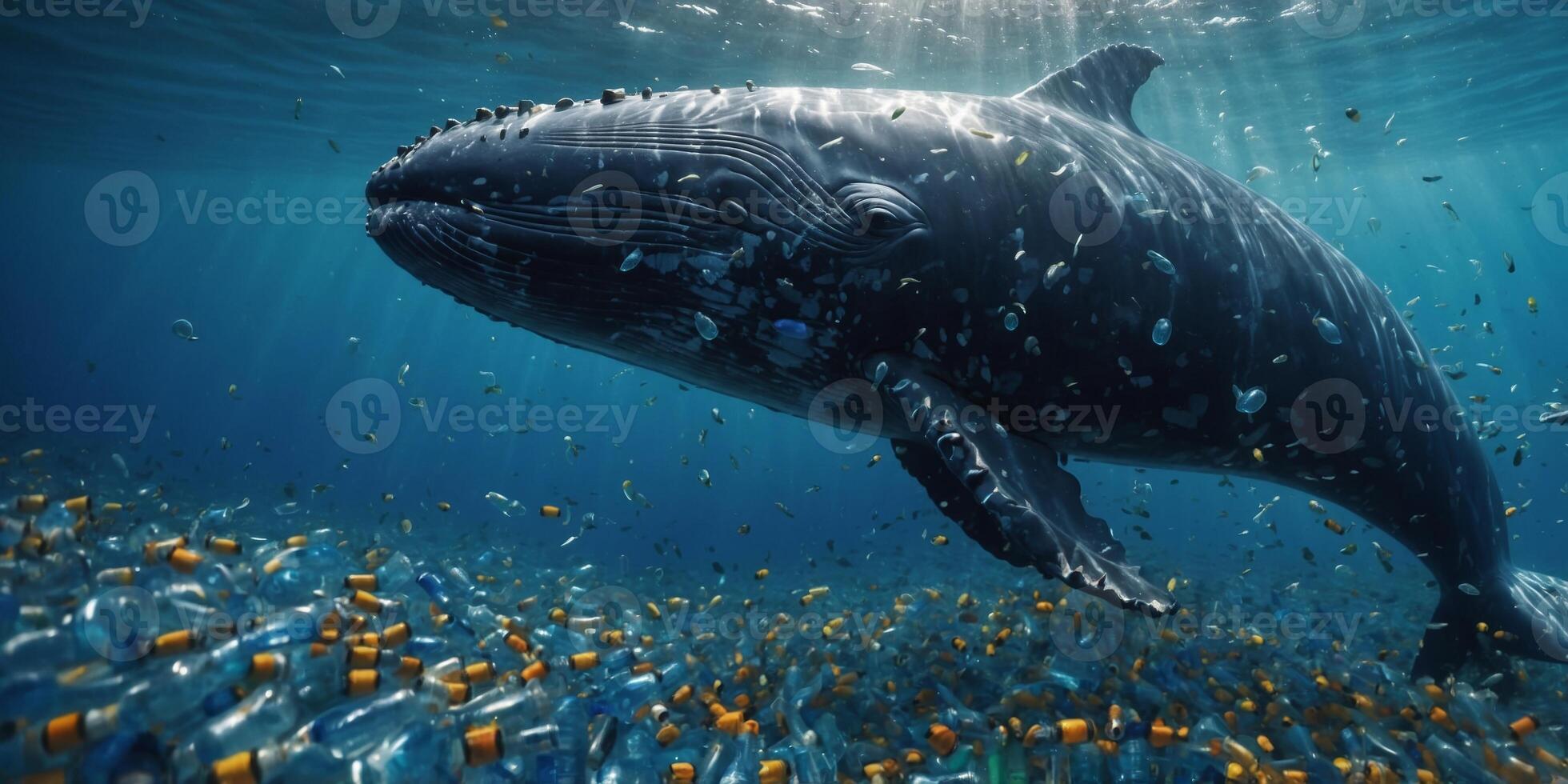 A whale is swimming in a sea of plastic bottles. photo