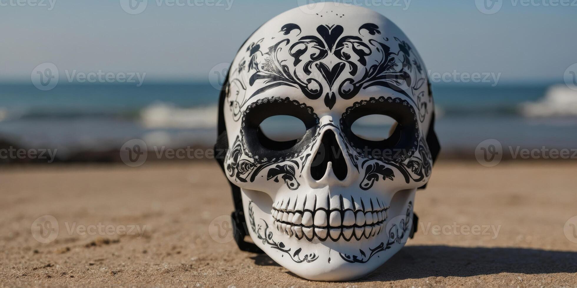 A white mask with a black face and a black skull design. photo