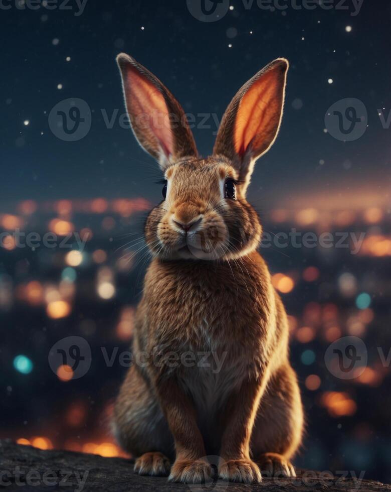 Mystical Rabbit Overlooking a Glowing Cityscape at Night. photo