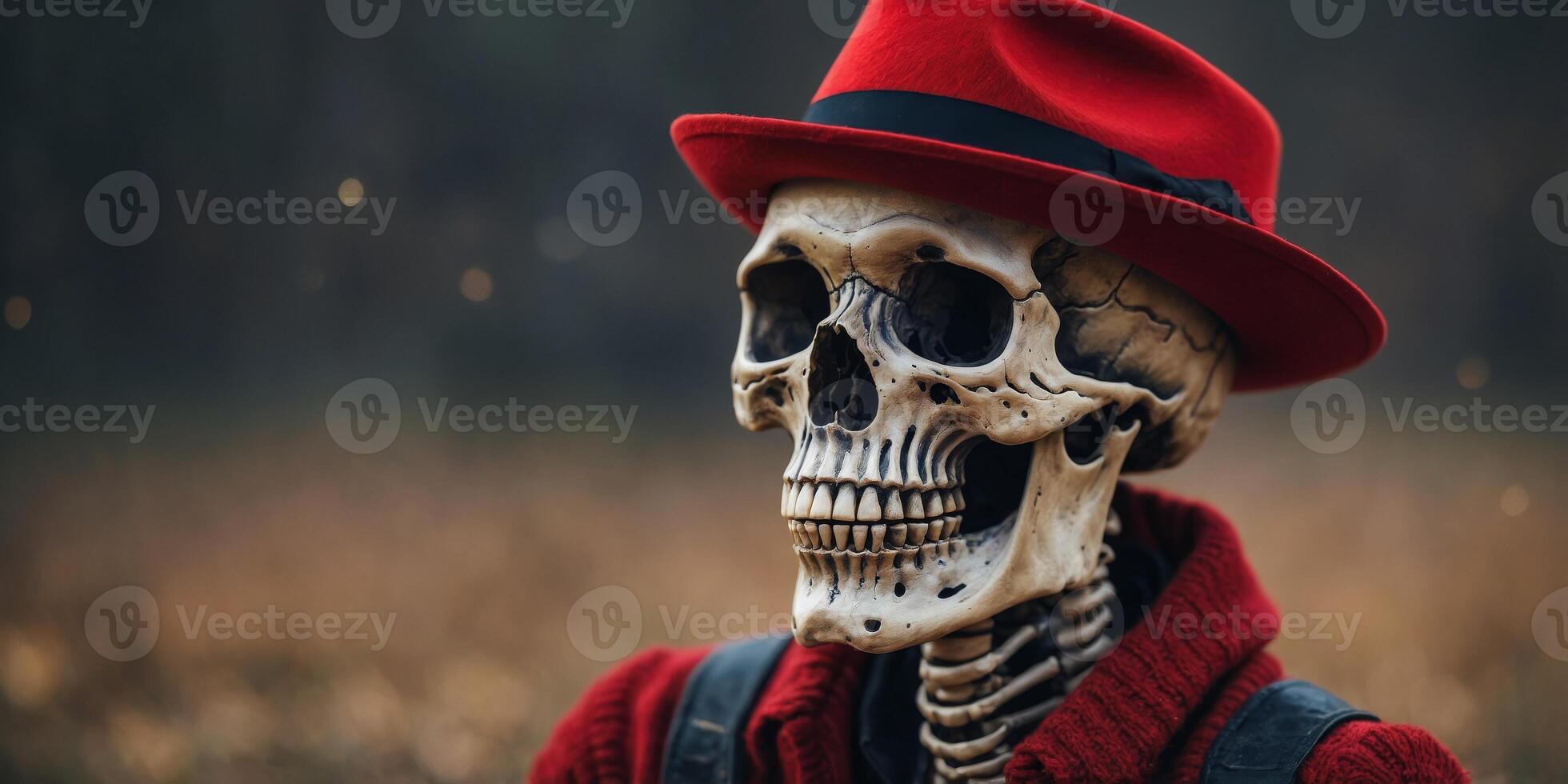 A skeleton wearing a red hat and smiling. photo