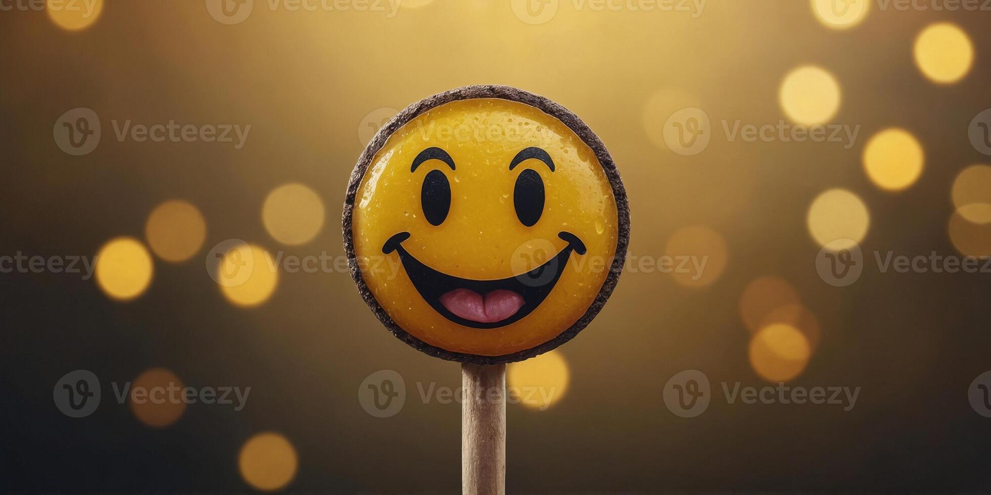 A yellow smiley face with a tongue sticking out is sitting on a stick. photo