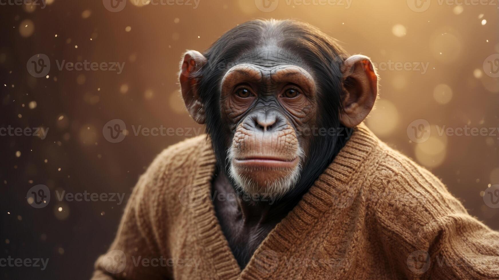 Expressive Chimpanzee in Sweater on Warm Brown Background. photo