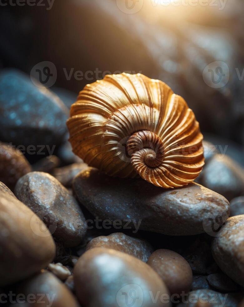 Golden Seashell in Rocky Cave with Natural Light Shining Through. photo