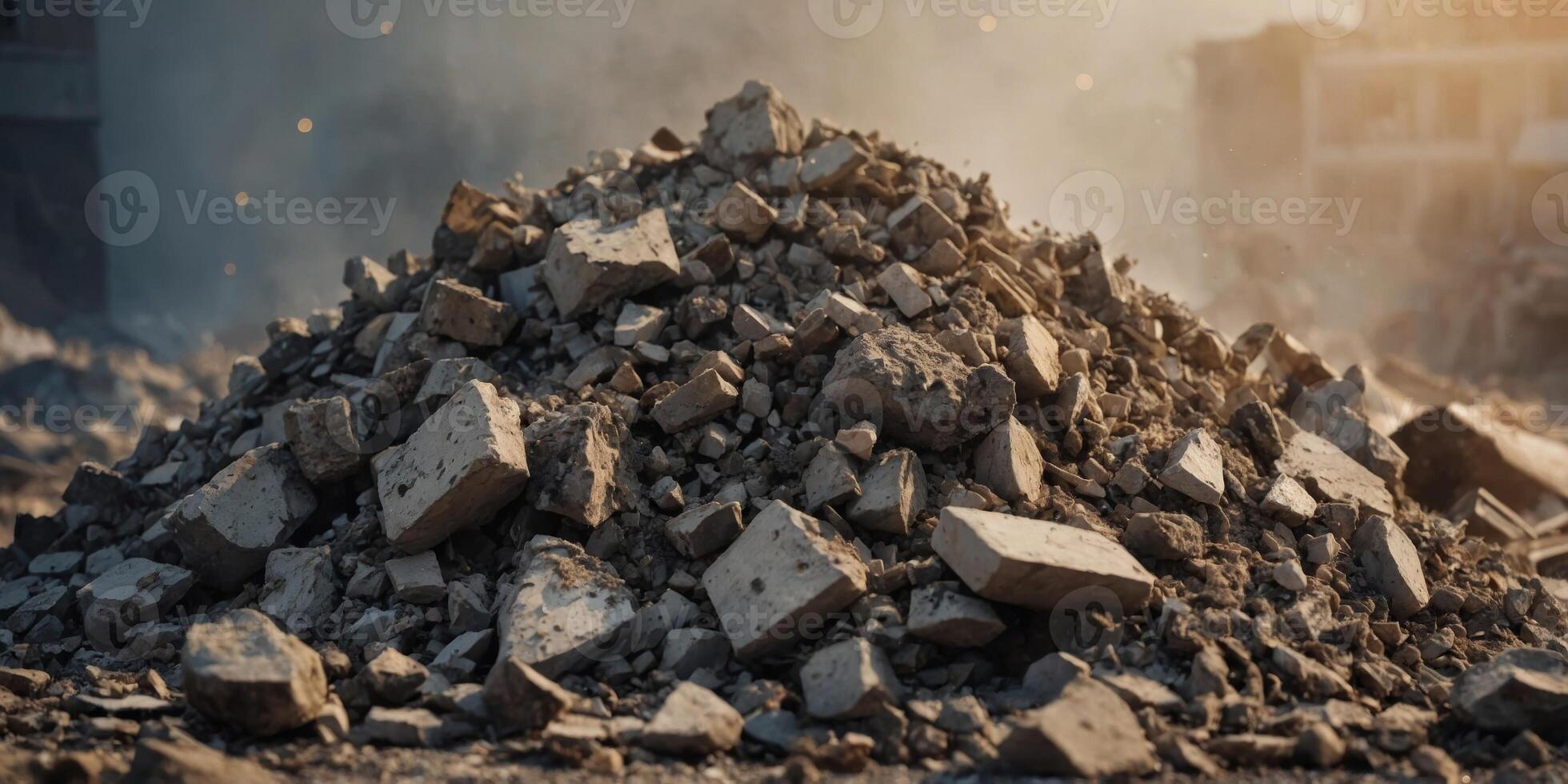 A close up of a pile of rubble with a lot of dust and debris. photo