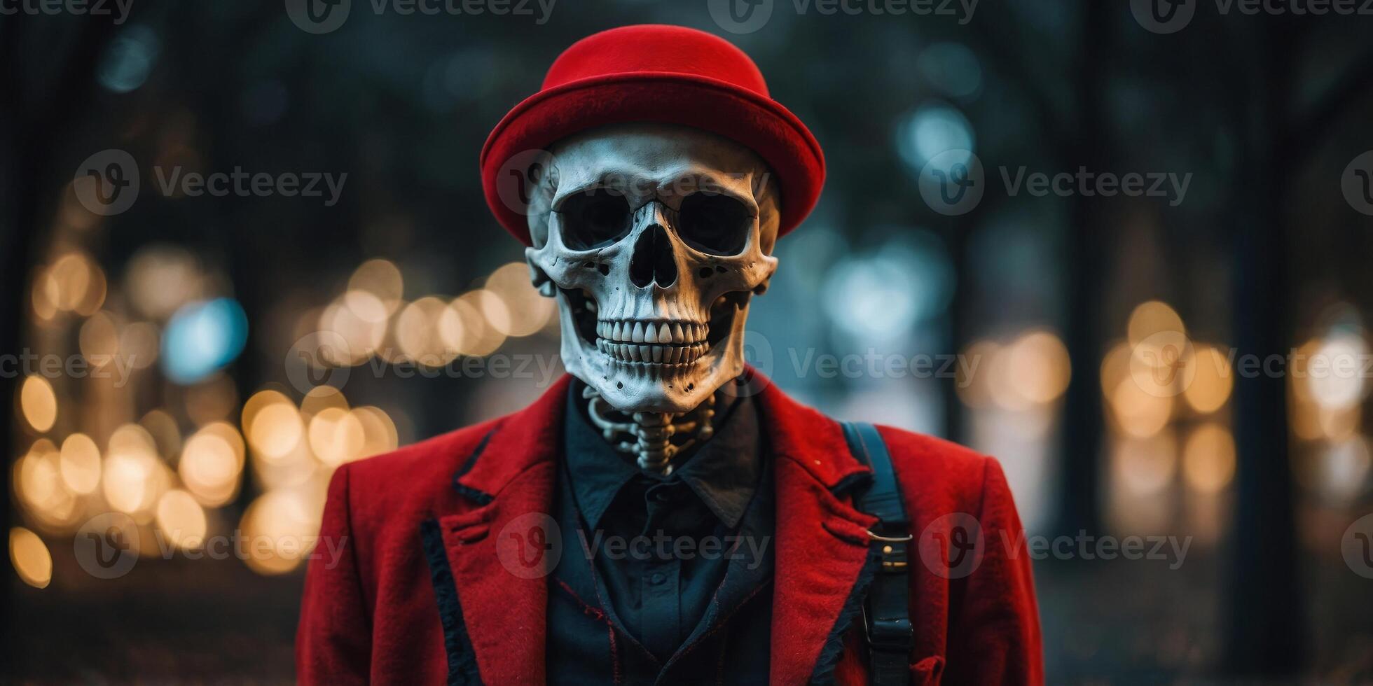 A skeleton wearing a red hat and a red dress is posing for a picture. photo