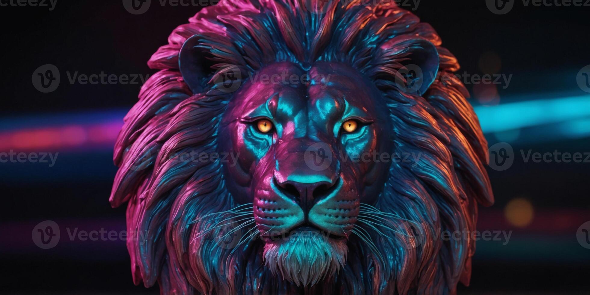 Closeup lion head in colorful neon light. photo