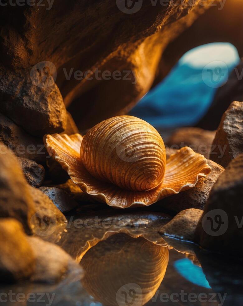 Golden Seashell in Rocky Cave with Natural Light Shining Through. photo