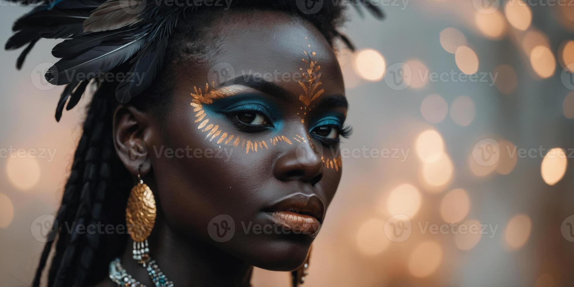 a black beauty with feathers and african makeup. photo