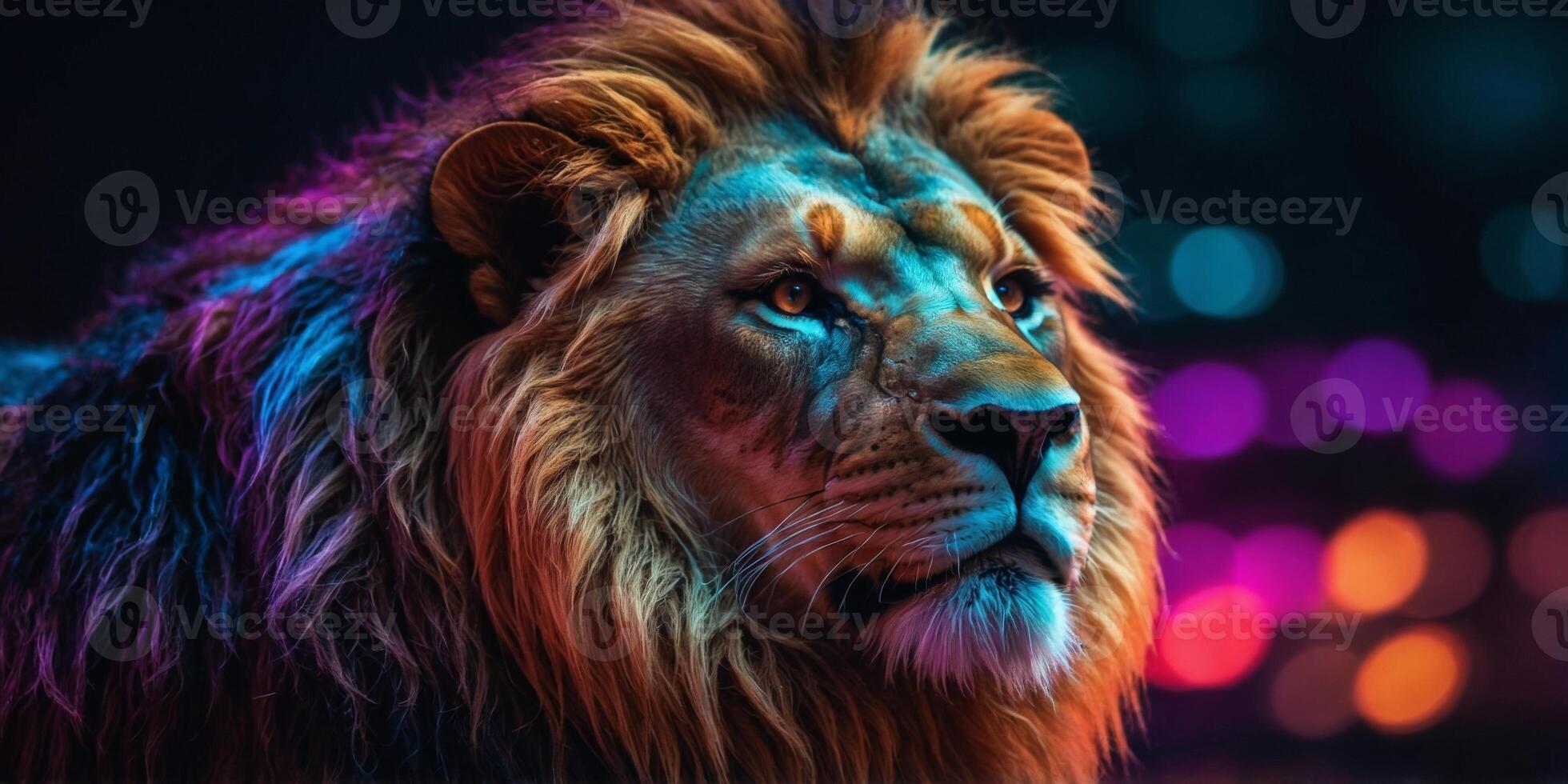 Closeup lion head in colorful neon light. photo