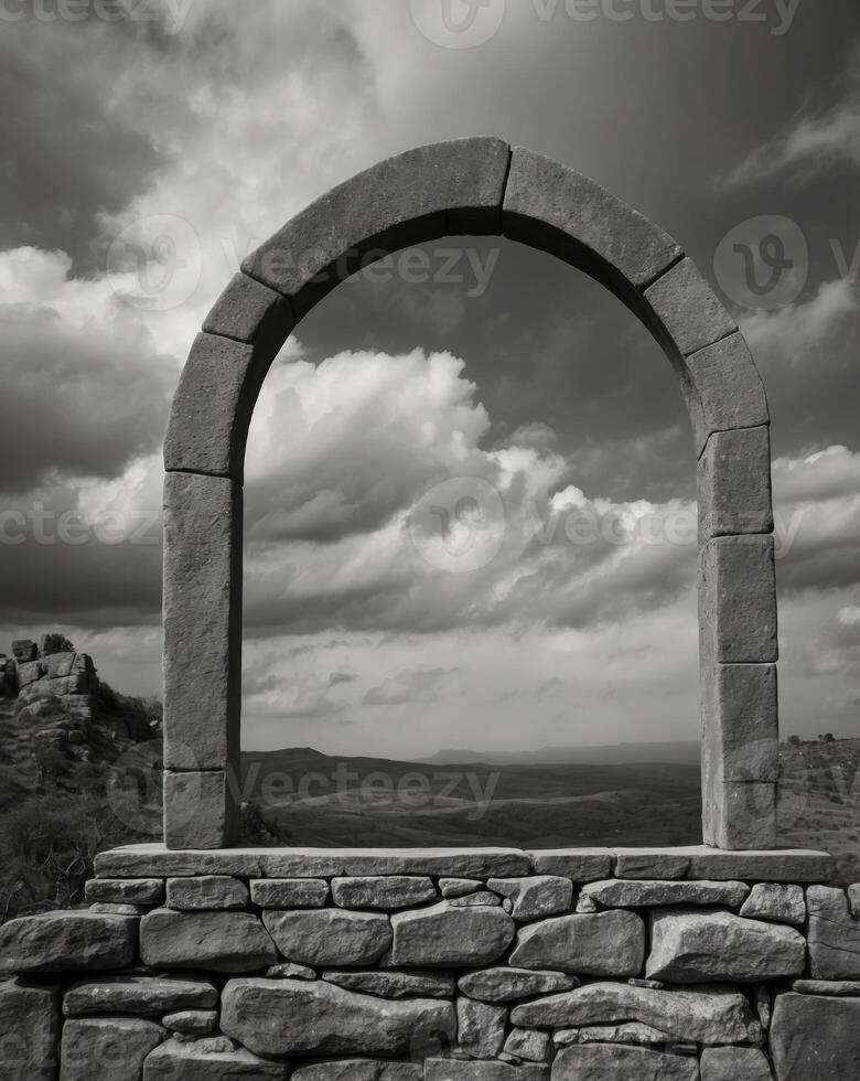 Old Stone Window Frame with Cloudy Sky View in Black and White. photo