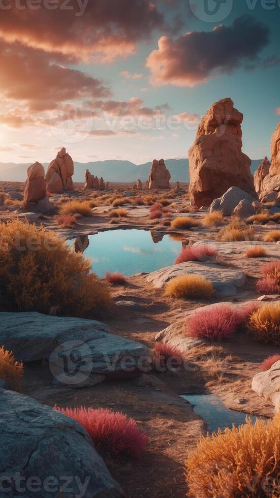 A unique alien landscape with strange rock formations and a sky. photo