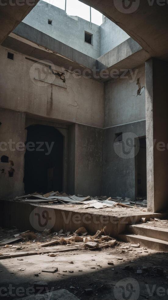 Abandoned Concrete Structure with Broken Windows. photo
