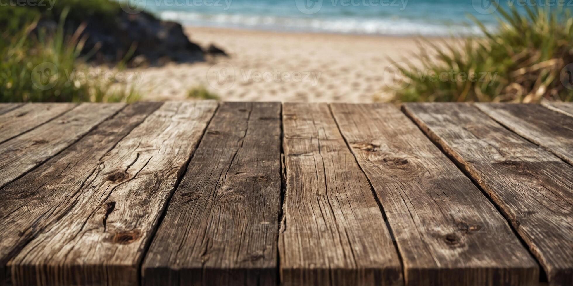 rustic wooden table at the beach with Summer theme background with decorations. photo