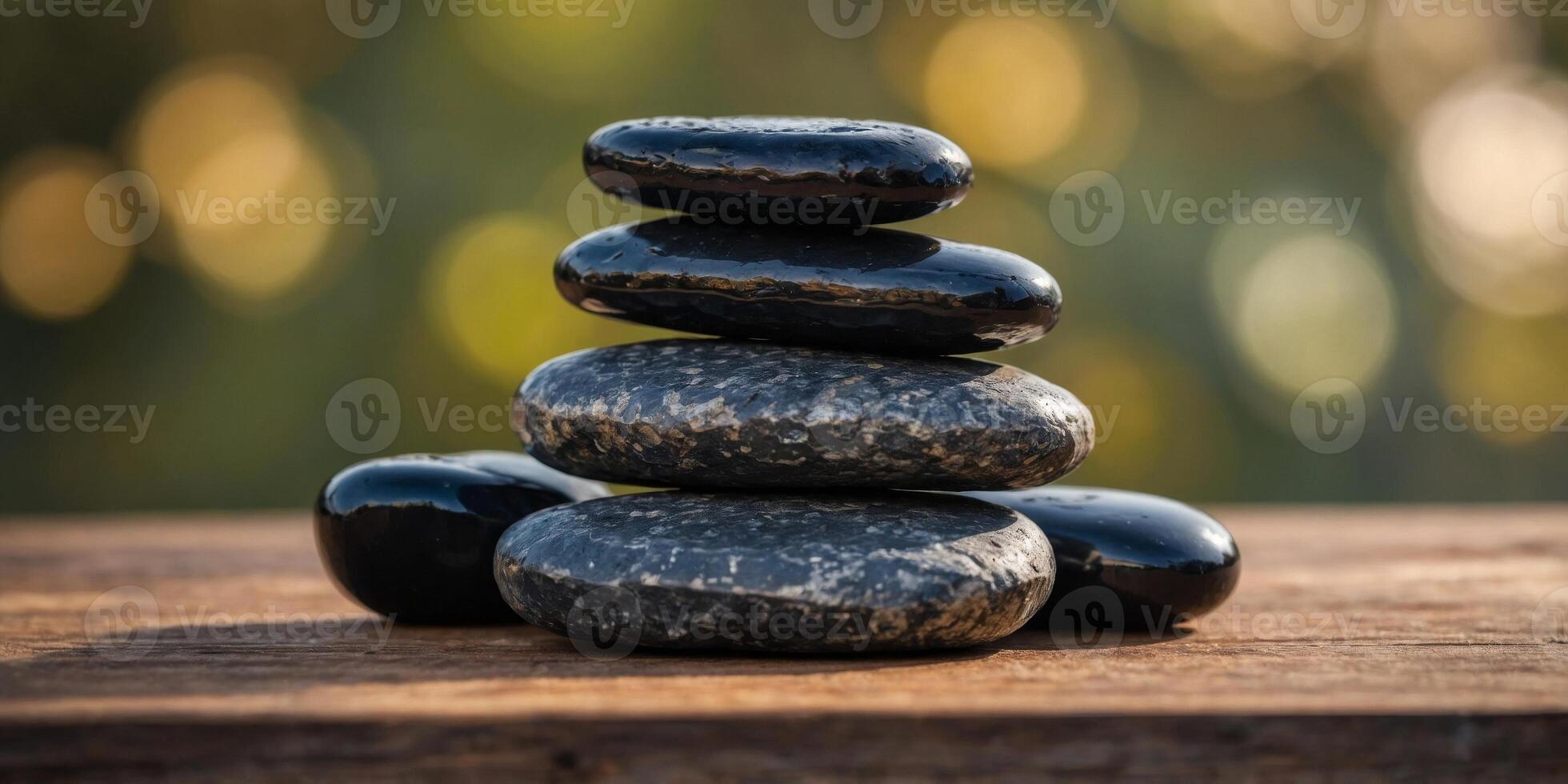 A stack of black stones on a wooden table. photo