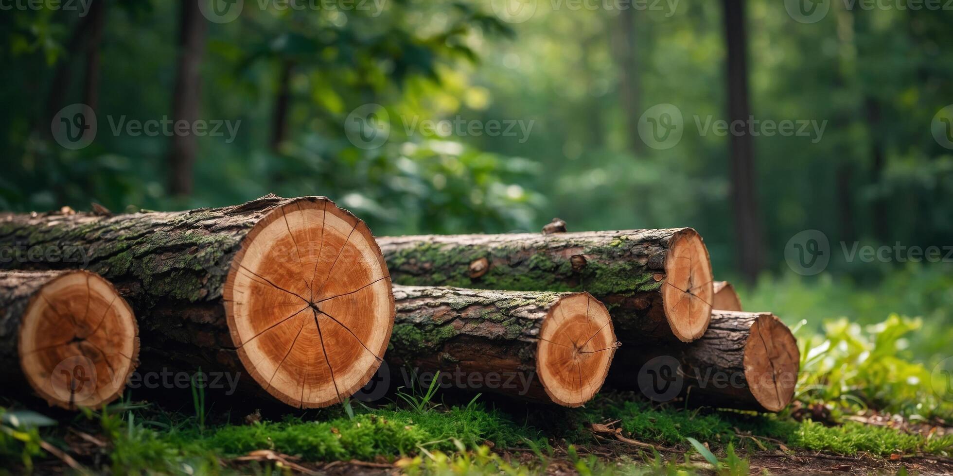 A stack of logs with a green leaf in the background. photo