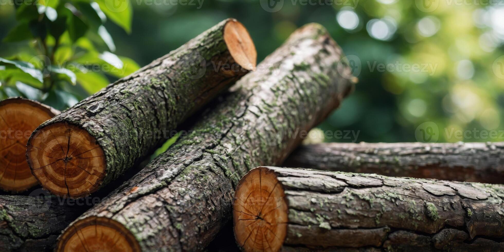 A stack of logs with a green leaf in the background. photo