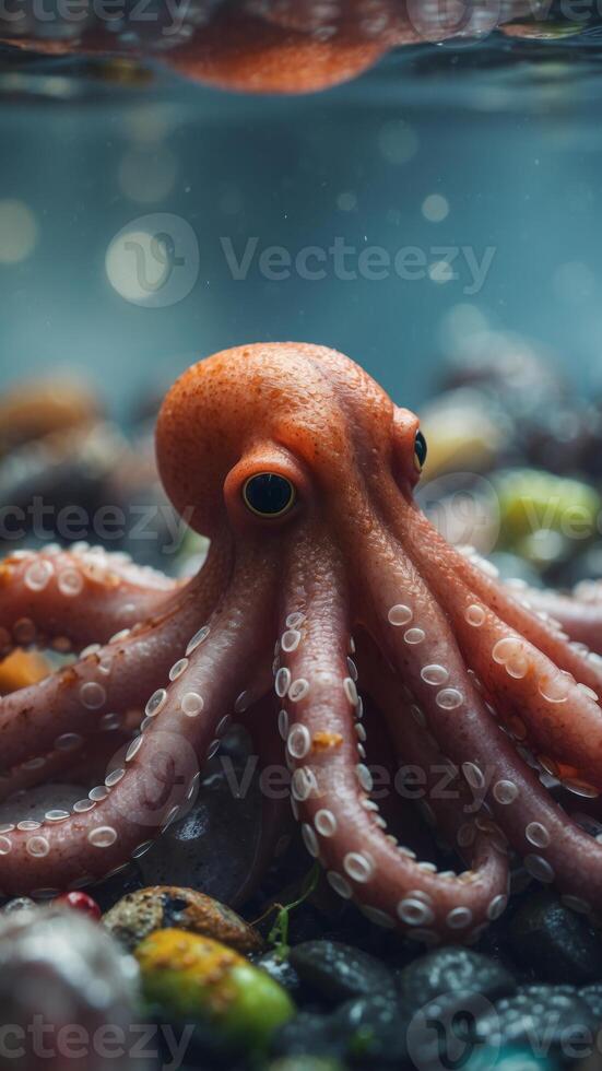Octopus Struggling in a Sea of Plastic Pollution. photo