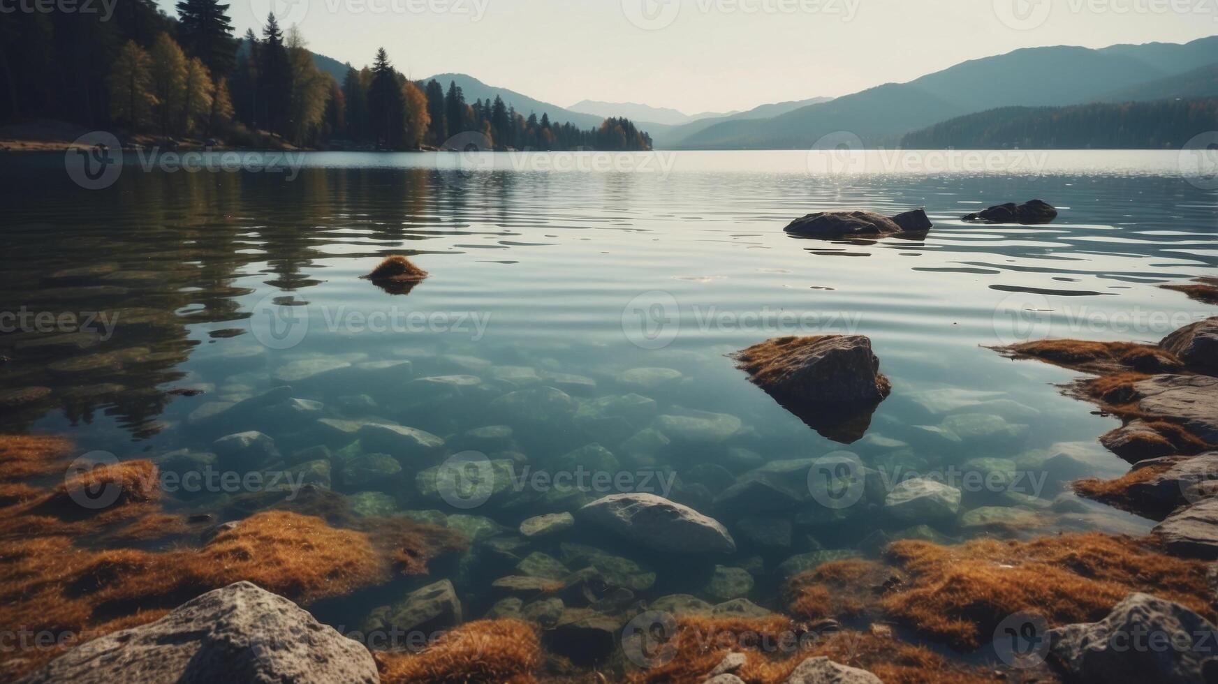 Clear lake with submerged rocks visible beneath. photo