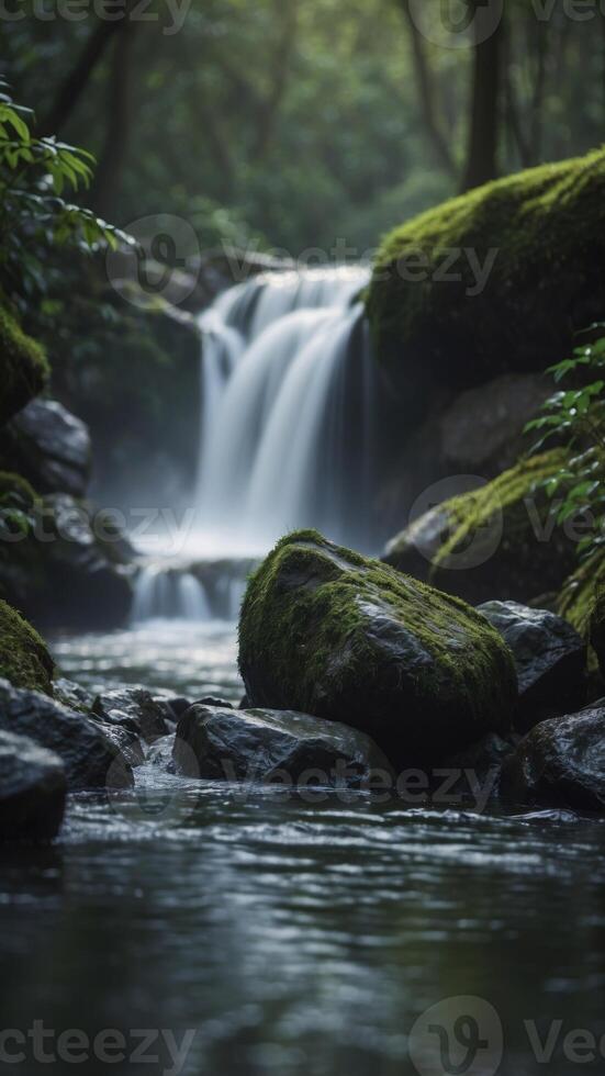 gray rock with water flowing in front of a blurred green jungle for displaying products. photo