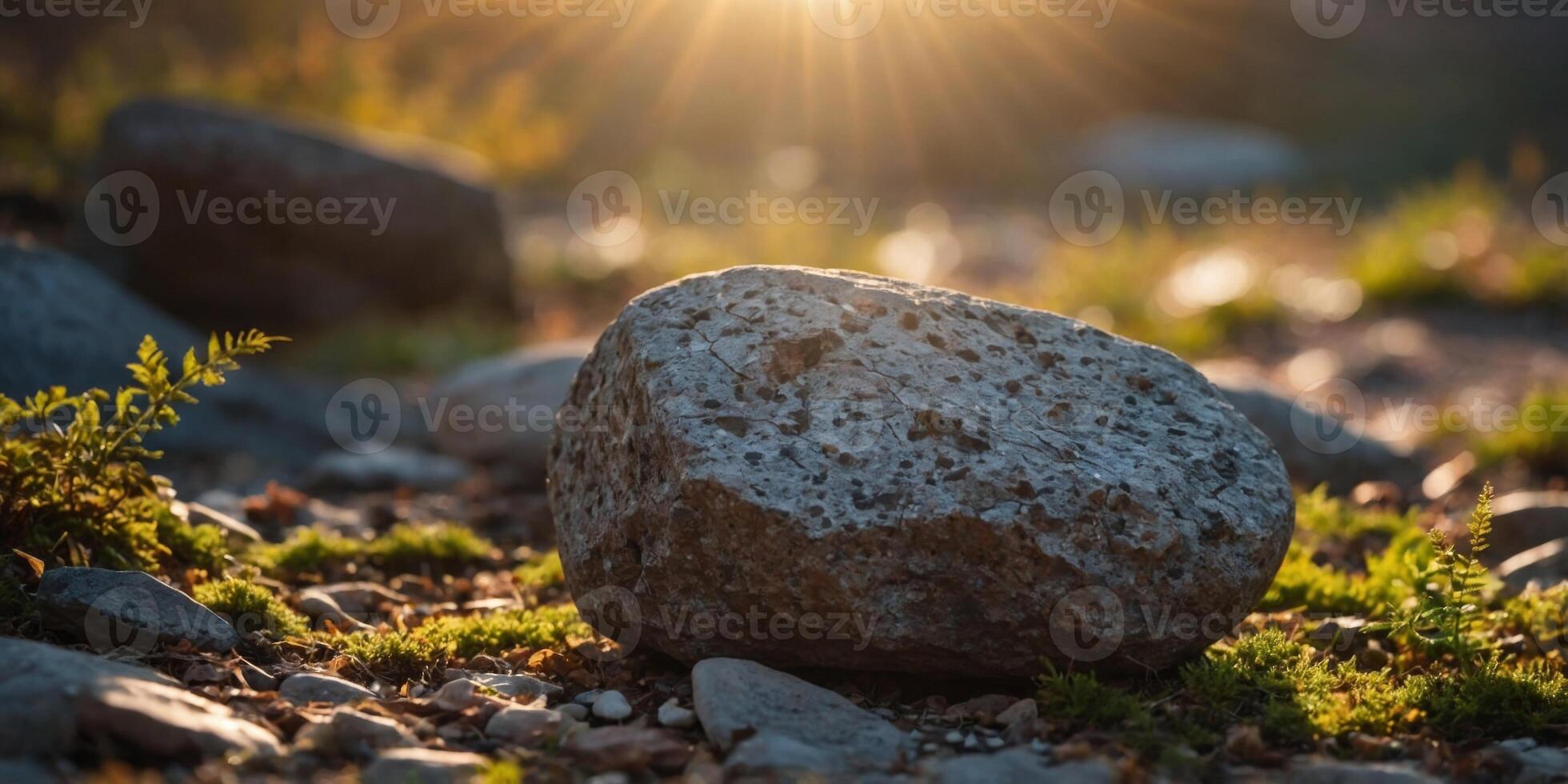A rock is on the ground with a bright sun in the background. photo