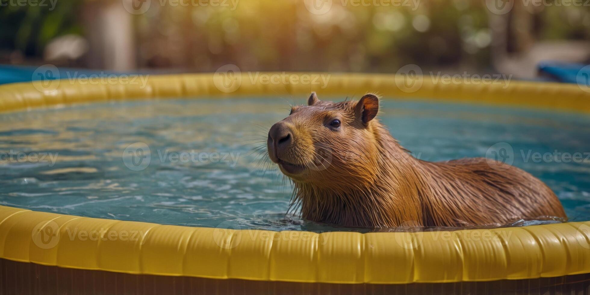 A brown capybara is sitting in a yellow inflatable pool with a straw in a glass. photo
