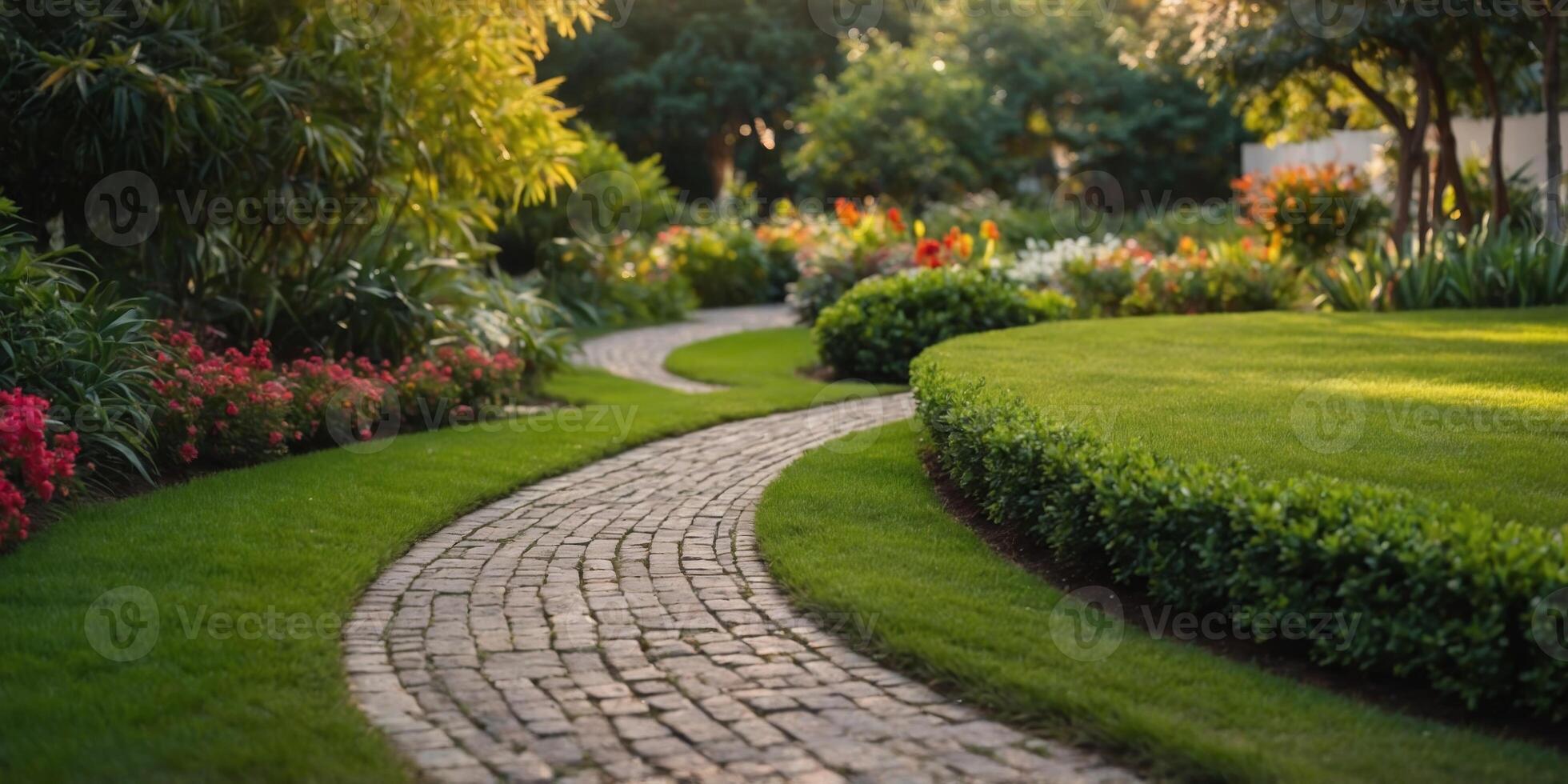 A beautiful garden with a winding path and a green lawn. photo