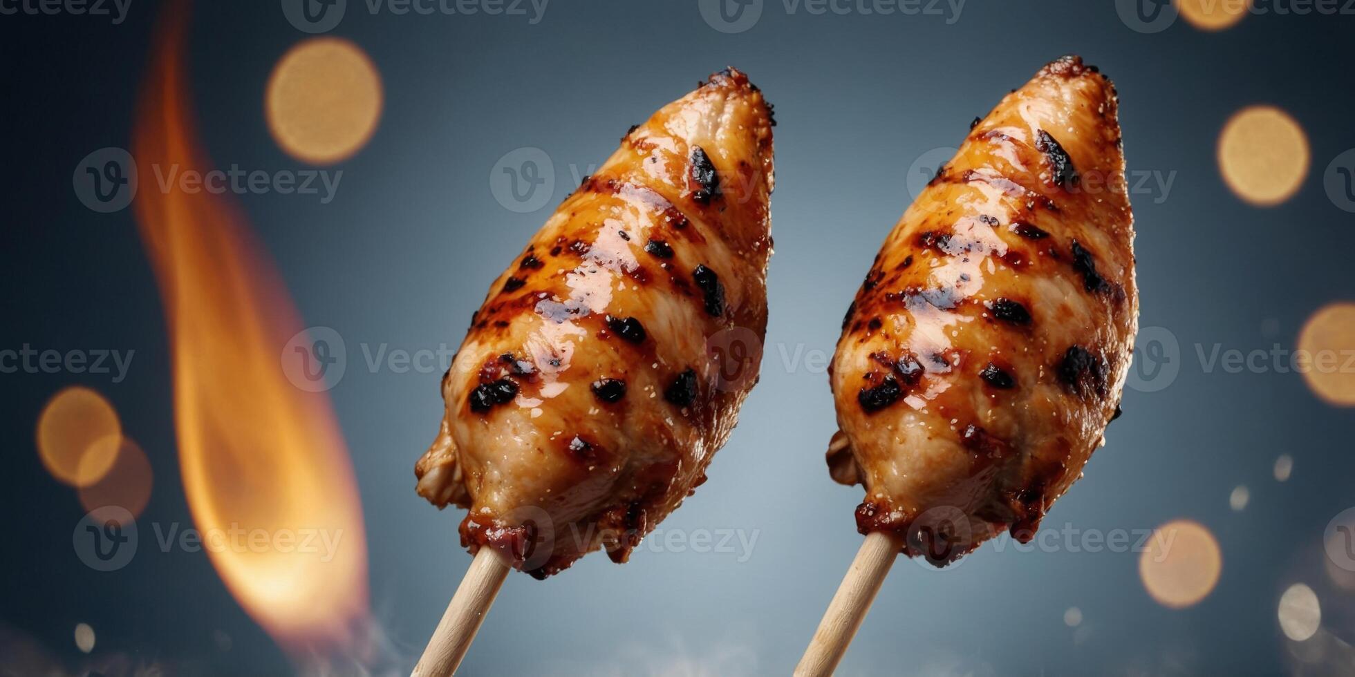 Three pieces of grilled chicken are on sticks. photo