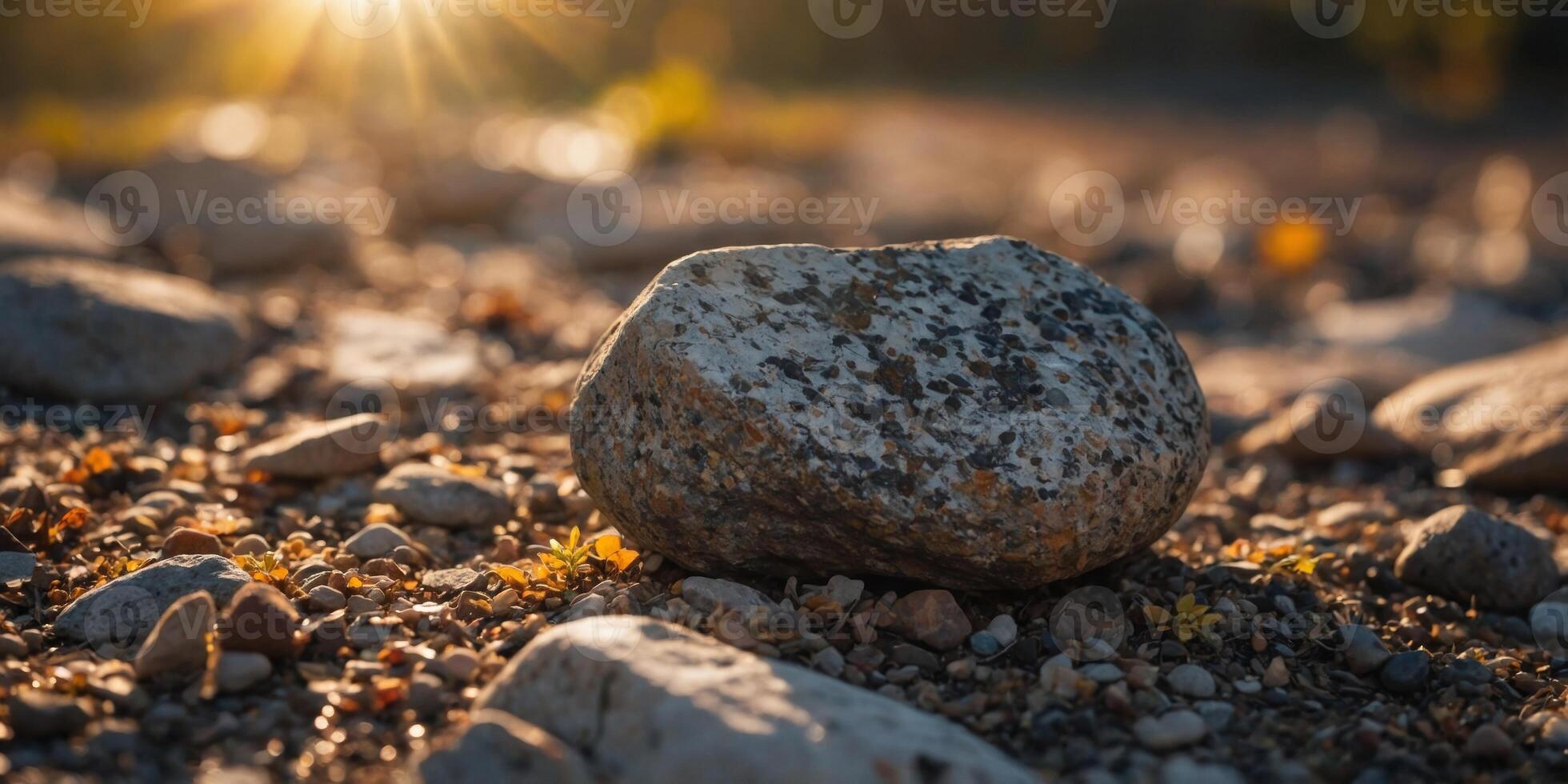 A rock is on the ground with a bright sun in the background. photo