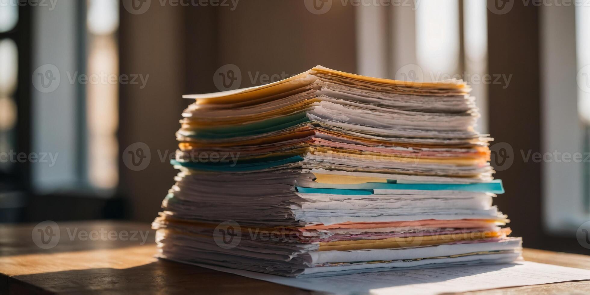 A stack of papers is piled on a table with the sun shining on them. photo