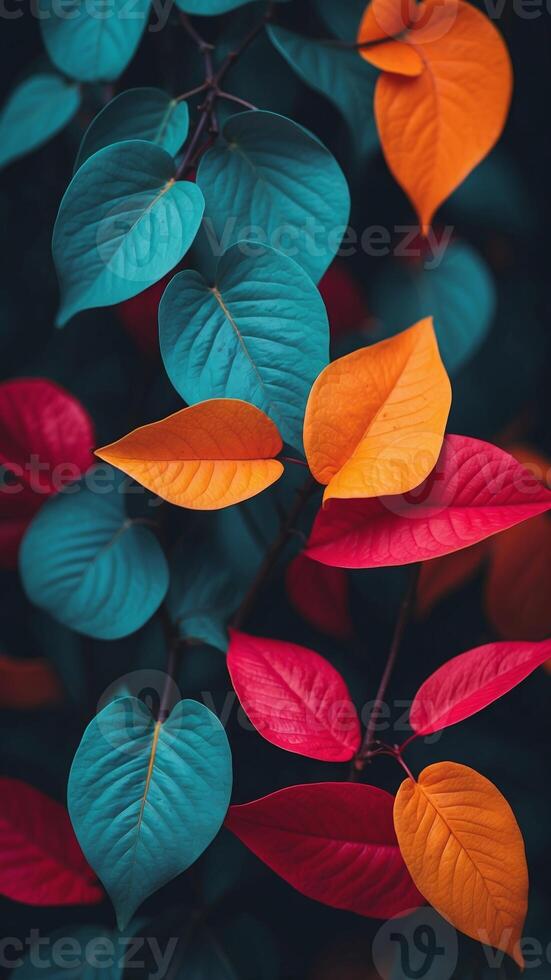 Colorful tropical leaves with neon frame. photo