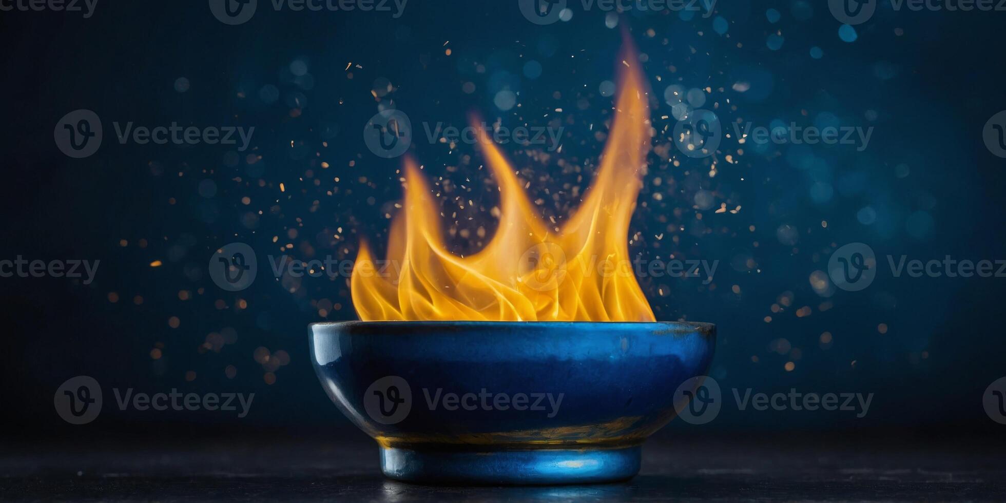 A blue background with a yellow flame on it. photo