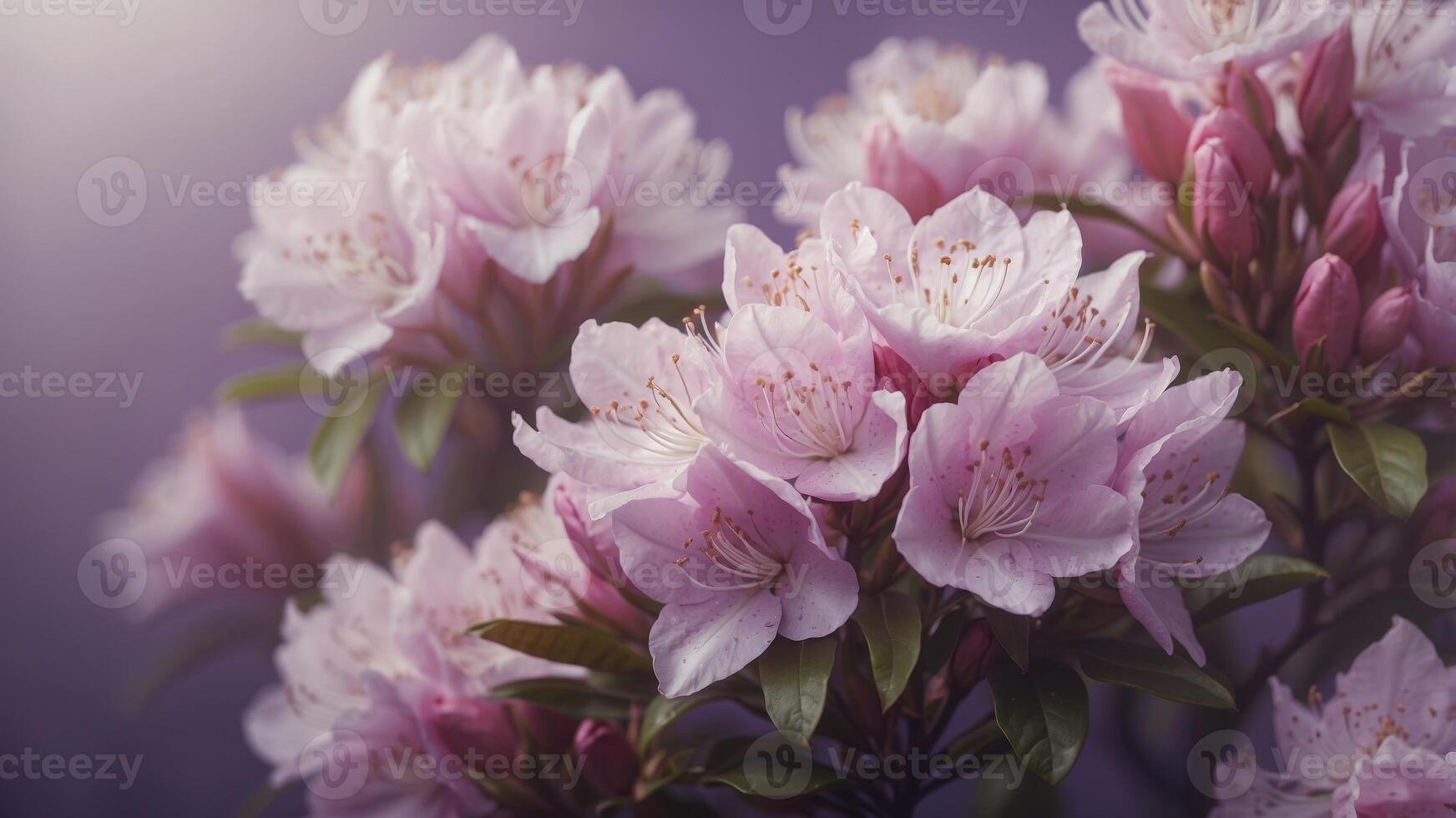 Delicate Pink Rhododendron Blossoms on Soft Violet Background. photo
