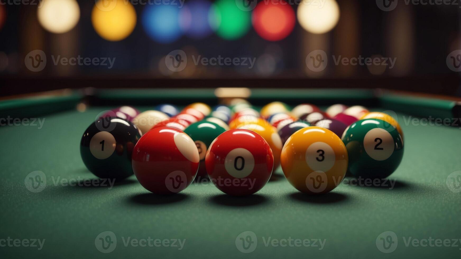 Colorful billiard balls with numbers with cue sticks and rack on green table. photo