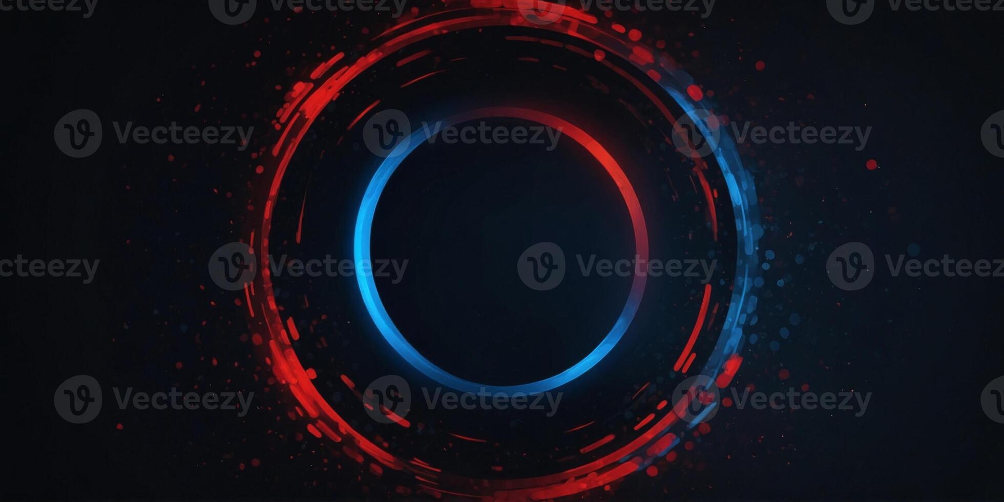 A black and red background with a glowing blue circle in the middle. photo