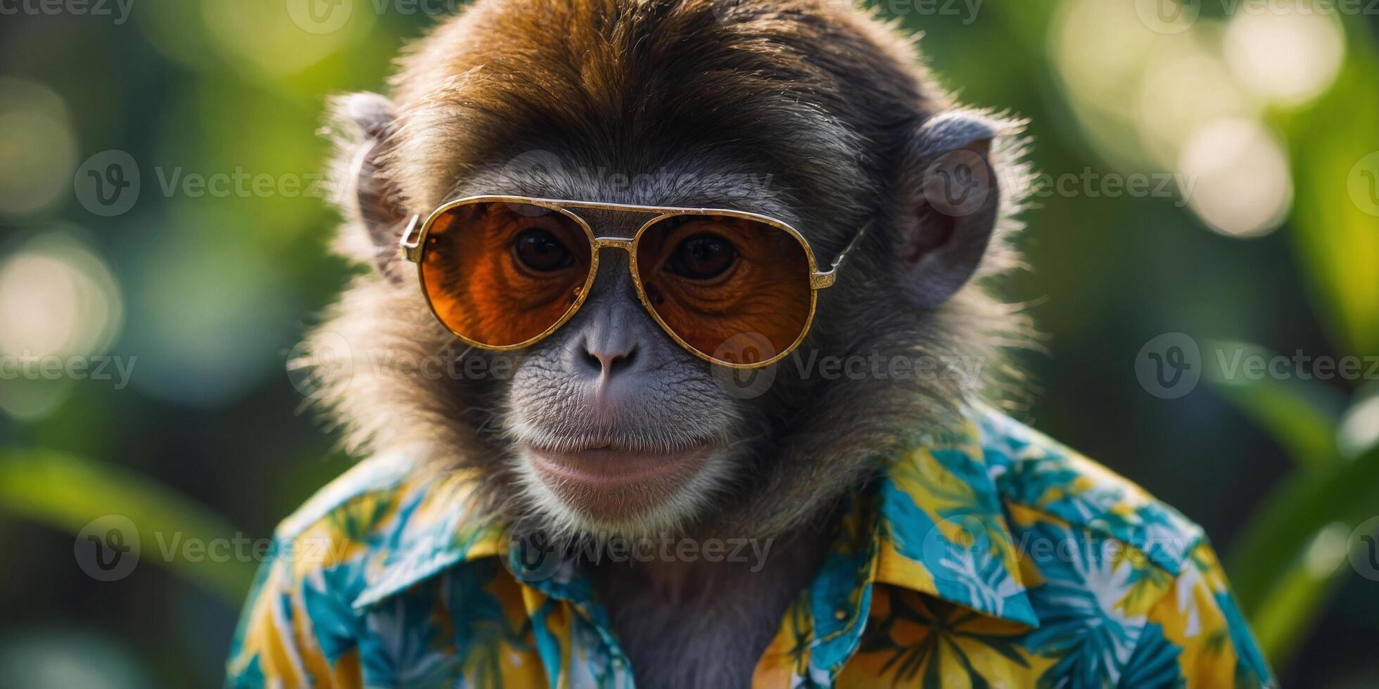 Monkey Wearing Sunglasses and Tropical Shirt. photo