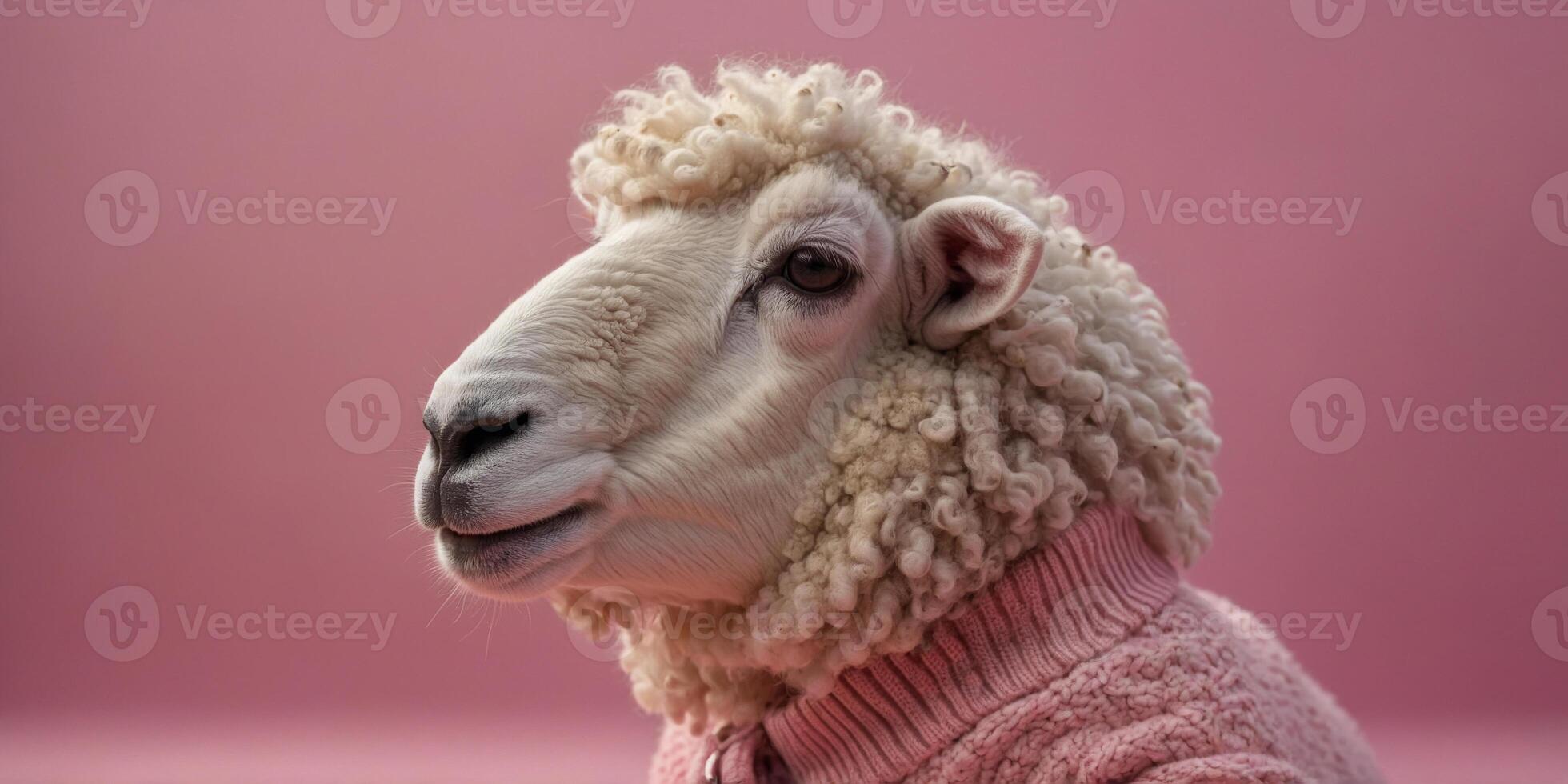 a sheep wearing a pink sweater and pink shades on a pink background. photo