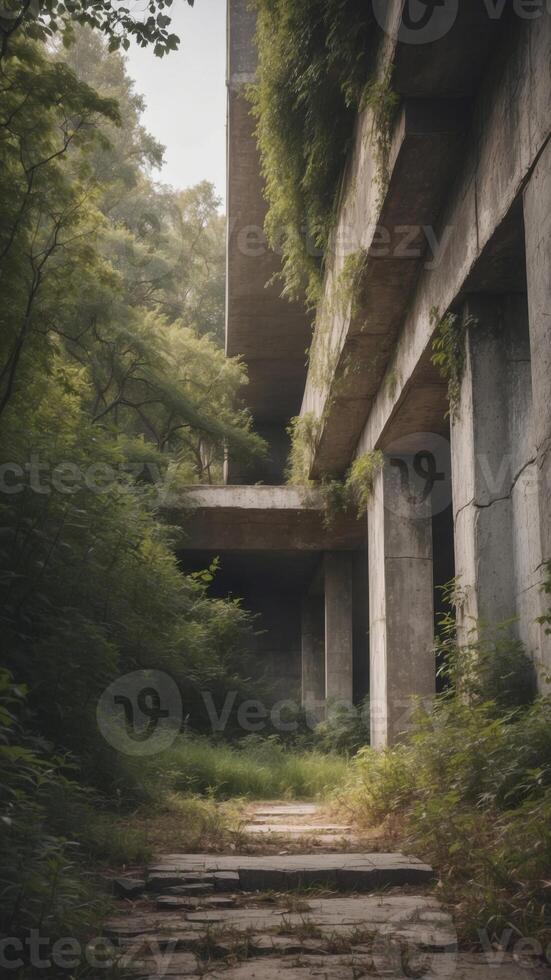 Ruined Concrete Structure Overgrown with Nature. photo