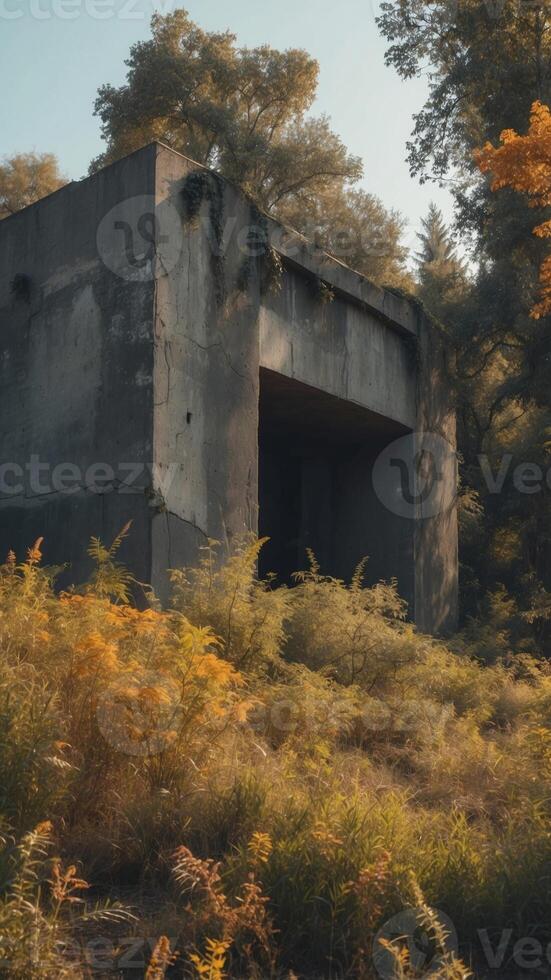 Ruined Concrete Structure Overgrown with Nature. photo