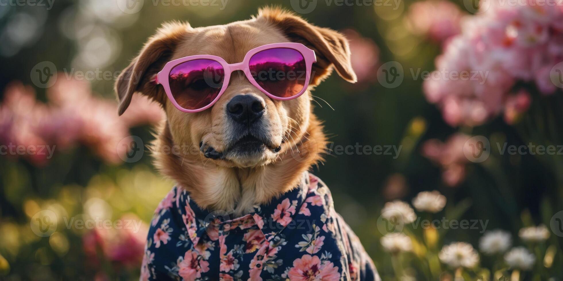 Cool Dog in Pink Sunglasses and Floral Shirt. photo