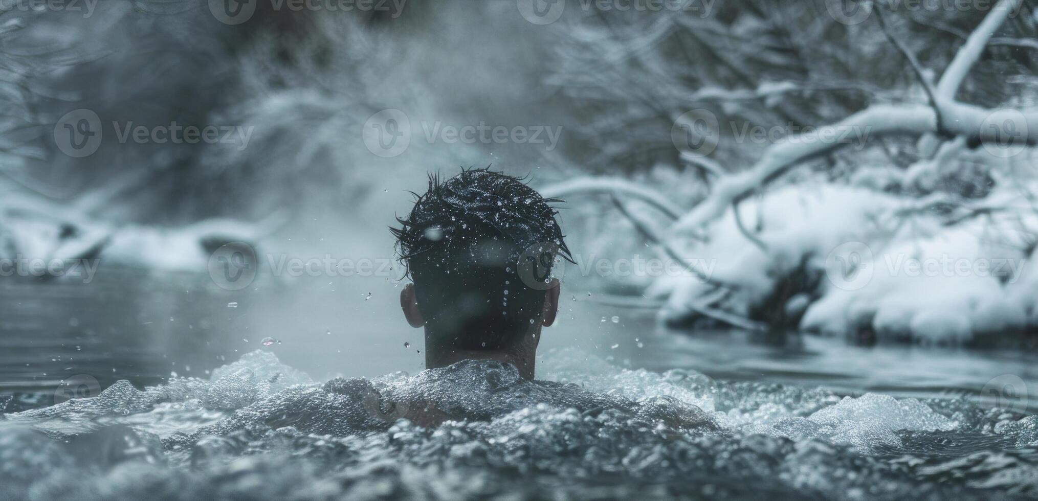 A person emerging from the freezing depths of a forest stream their skin covered in goosebumps and steam rising from their body photo