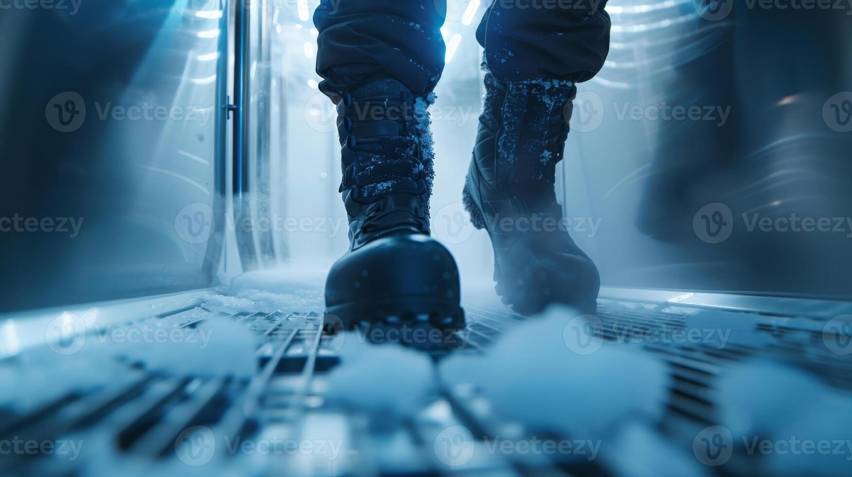 A man wearing gloves and boots standing inside a cryotherapy chamber with extremely low temperatures photo