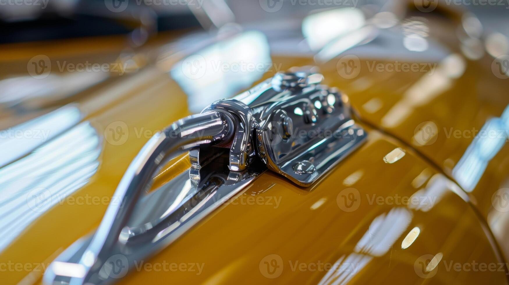 A macro image of a hood latch on a race car showcasing the lightweight yet strong materials used for highspeed performance photo