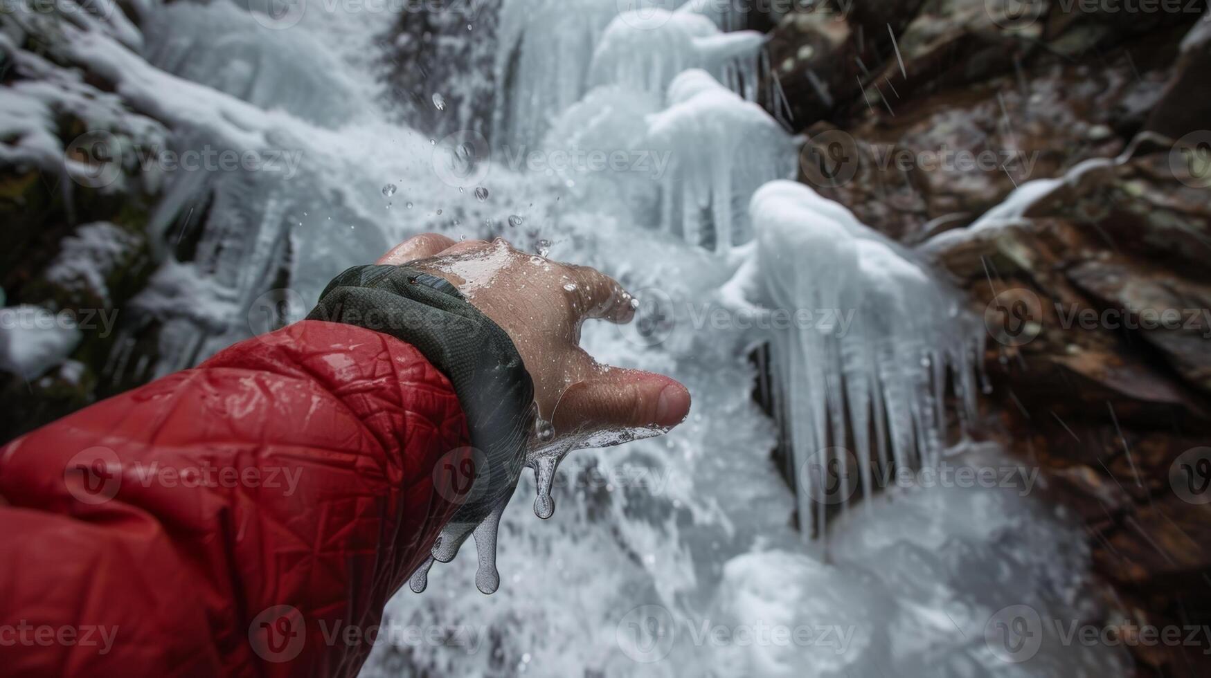 A frozen waterfall where someone dares to dip their hand into the sharp jagged edges photo